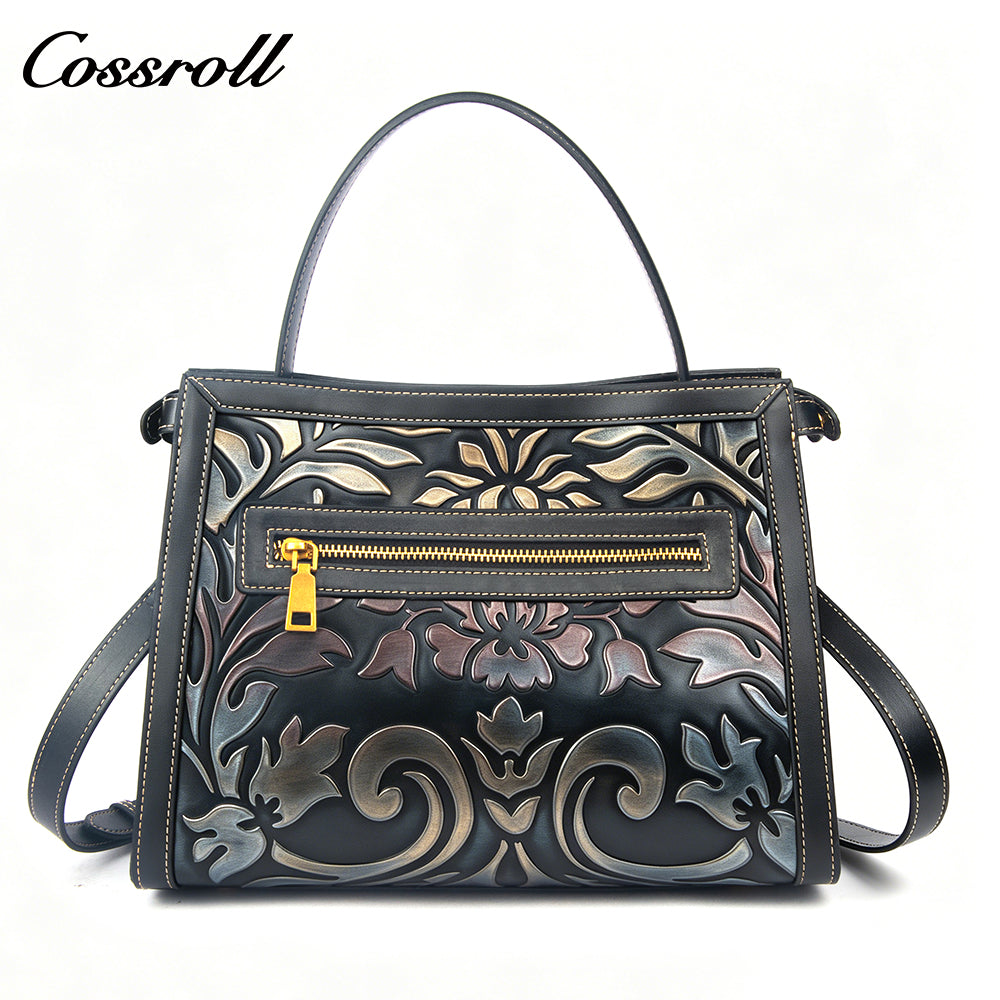 Niche Design Embossed Leather Bag, Vintage Genuine Leather Large Capacity Commuter Handbag & Crossbody Bag
