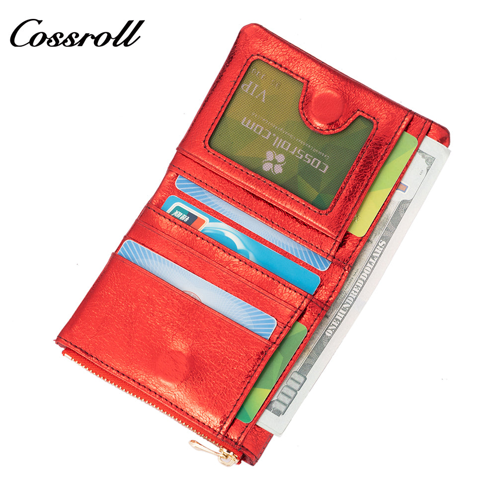 Women's genuine leather short wallet, European and American style, oil wax leather, fashionable billfold