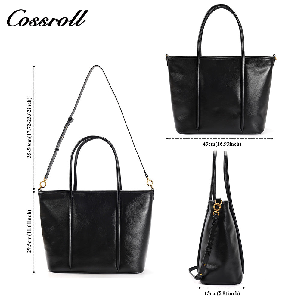 Women's Waxed Cowhide Large Capacity Tote Bag, Vintage Commuter Handbag, Shoulder & Crossbody Bag with Detachable Strap
