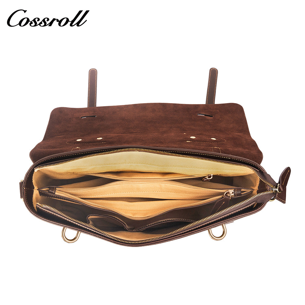 Men's Cowhide Leather Messenger Briefcase, Flap Laptop Handbag, Large Capacity Genuine Leather Shoulder & Crossbody Bag for Business & Daily Commute