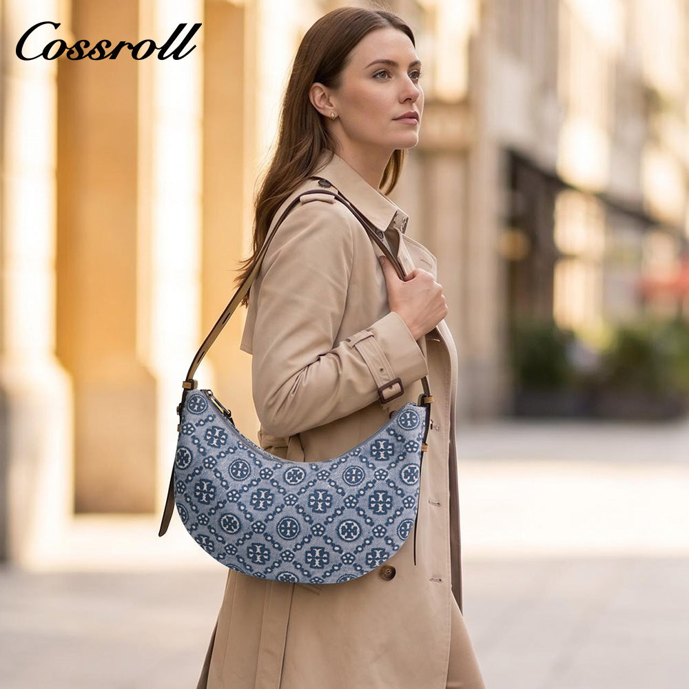 Women's Vintage All-Over Jacquard Crescent Underarm Bag, Denim Print Shoulder Bag with Adjustable Strap, Monogram Casual Mini Handbag for Daily Commute