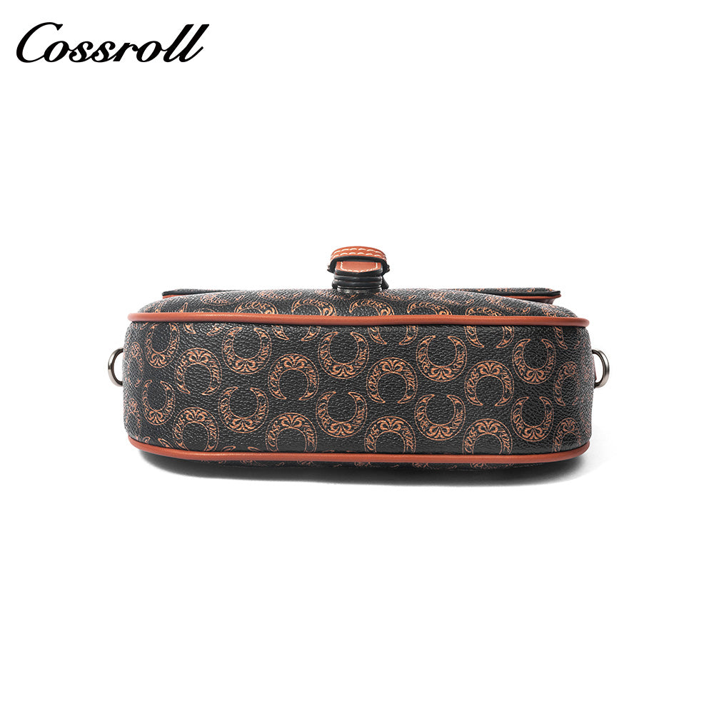 Vintage C Monogram Saddle Bag for Women, Contrast Brown Leather Buckle Flap Crossbody Shoulder Purse