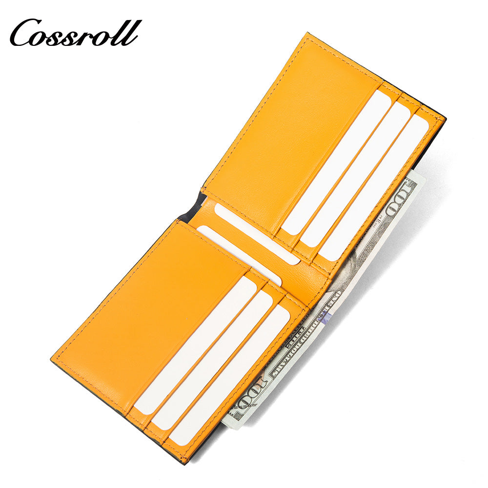 Diamond Quilted Embossed Genuine Leather Men's Wallet, Slim Business Bifold Purse with Contrast Bright Yellow Lining