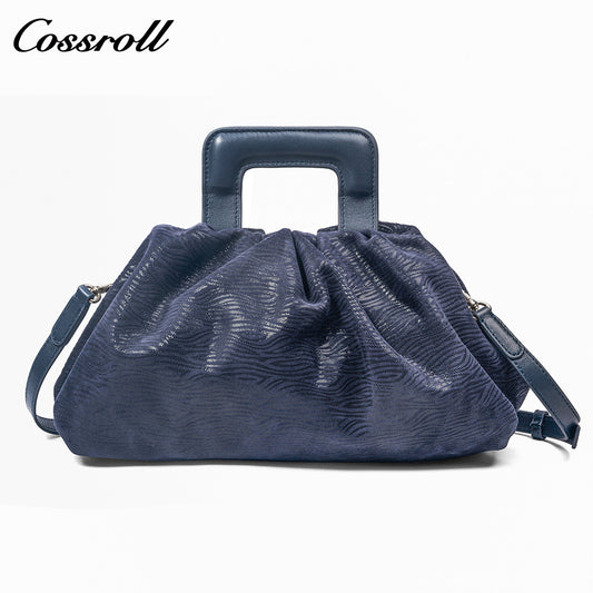 Women's Navy Wavy Textured Ruched Cloud Bag, Square Leather Handle Handbag, Minimalist Versatile Handheld Purse for Daily Commute