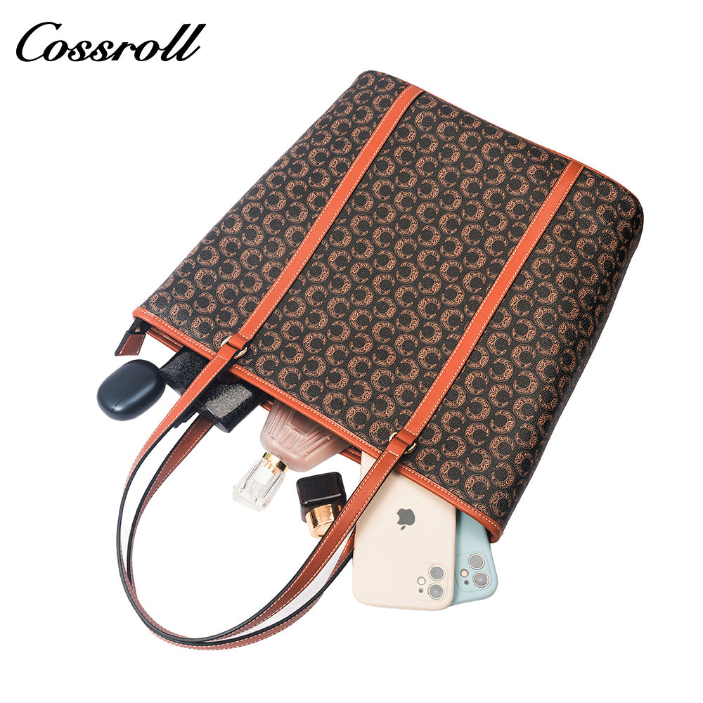 Women Vintage C Monogram Vertical Tote Bag, Large Capacity Zipper Shoulder Handbag for Laptop & Daily Commute
