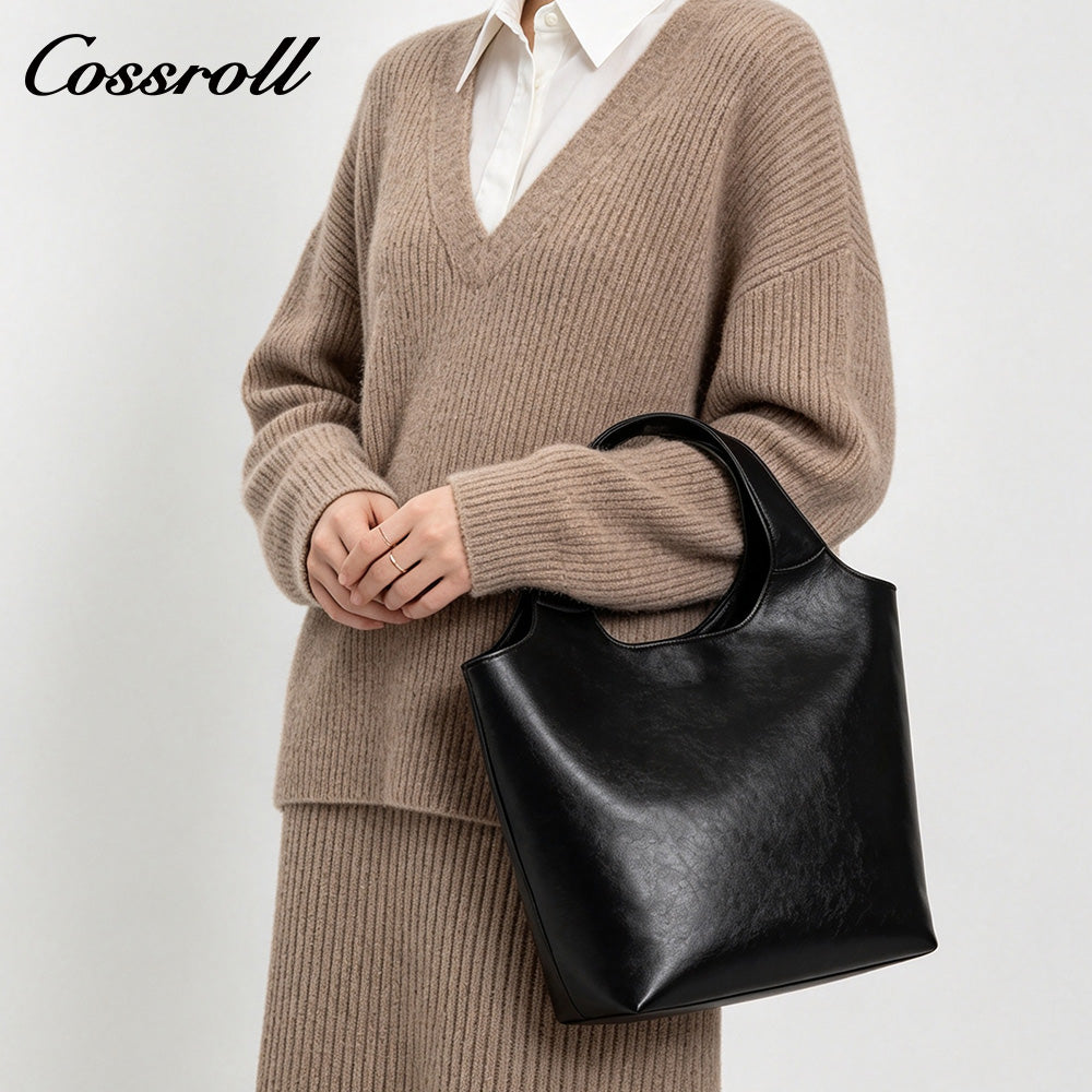 Women's Vintage Waxed Cowhide Crossbody Bag, Minimalist Large Capacity Hand & Shoulder Tote Bag