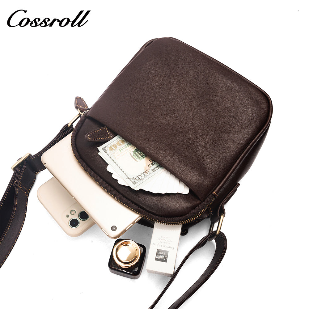 Men's Full Grain Leather Crossbody Bag, Multi-compartment Zipper Genuine Leather Shoulder Bag, Casual Everyday Carry Sling Bag