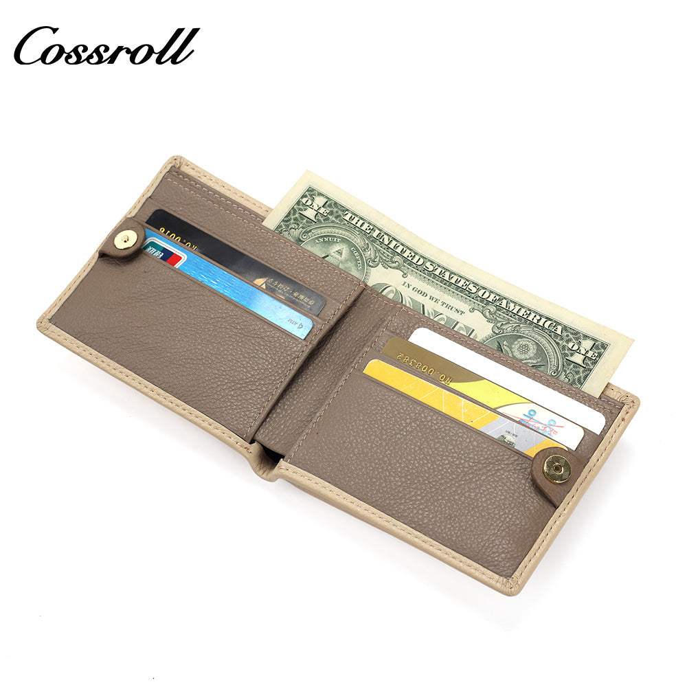Women's Color Block Litchi Grain Cowhide Bifold Wallet, Minimalist Contrast Genuine Leather Card Holder, Small Bifold Purse with Zipper Coin Pocket