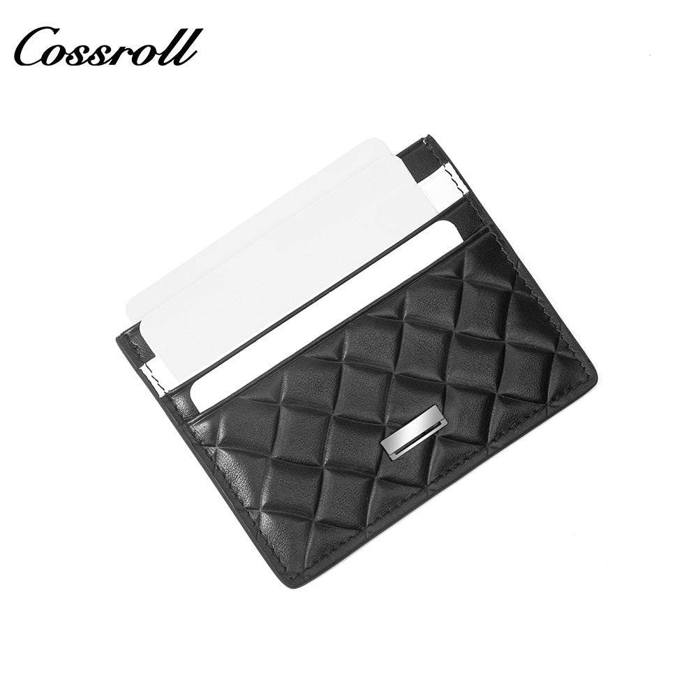 Slim Genuine Leather Card Holder with Diamond Quilted Embossing, Multi-Slot ID & Business Card Case