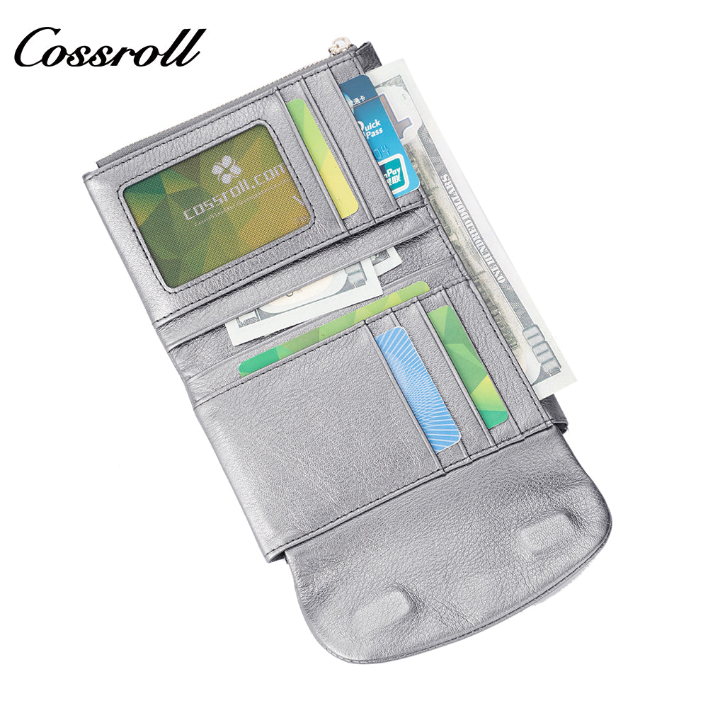 Cossroll women's cross-border genuine leather wallet, with gold floral decoration, retro glossy large capacity