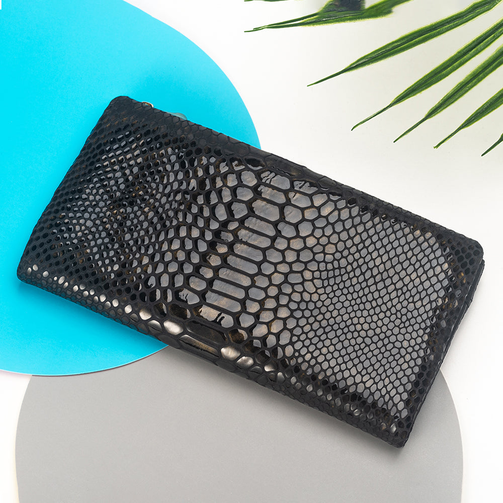 Black snakeskin print long leather wallet