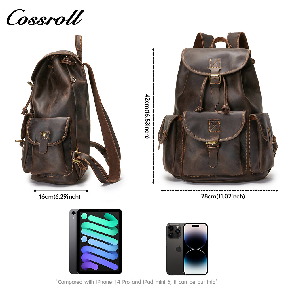 Large capacity backpack Outdoor travel leisure backpack Retro Top cowhide backpack Handmade top layer cowhide backpack Men's Crazy Horse Leather computer bag