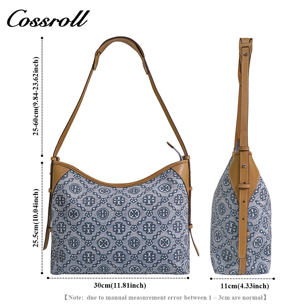 Women's Vintage All-Over Jacquard Denim Monogram Bag, Canvas Spliced Large Capacity Commute Shoulder Bag, Casual Monogram Underarm Shopping Bag