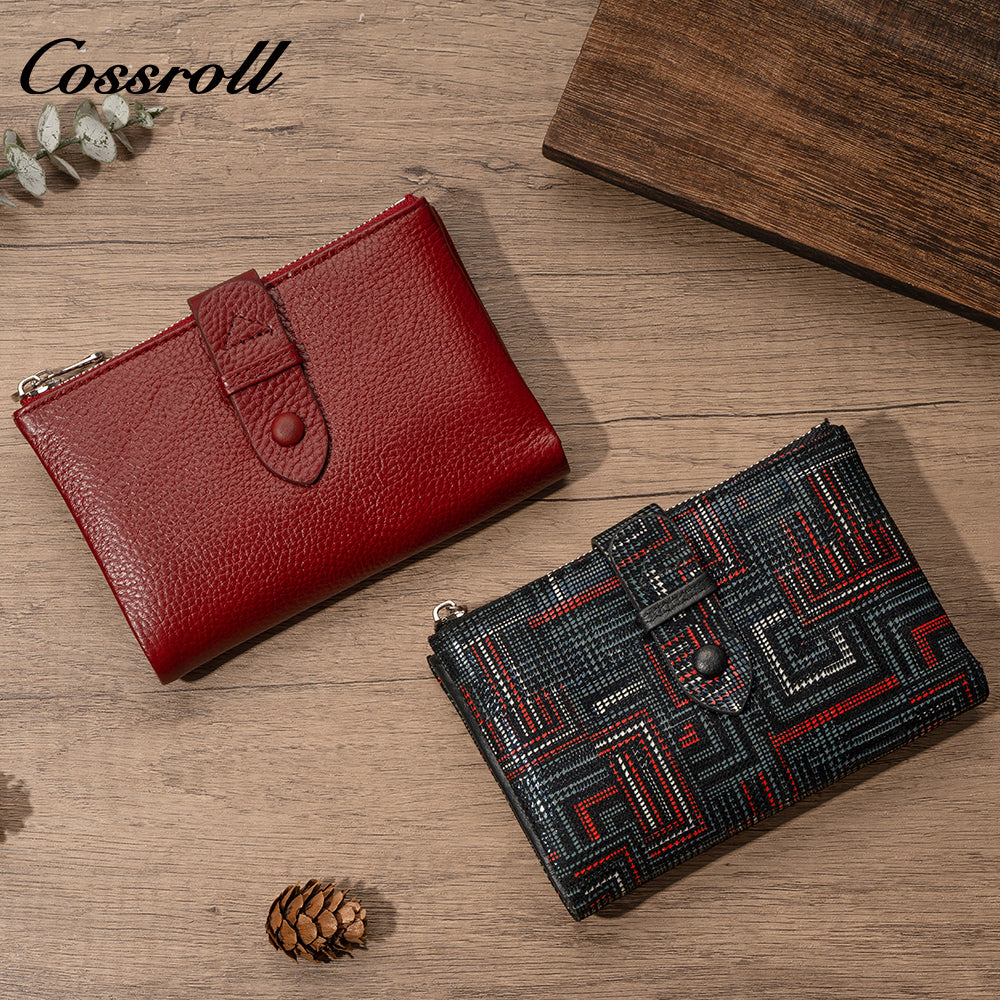 Women's leather cropped wallet, buckle wallet, versatile double-zip coin purse
