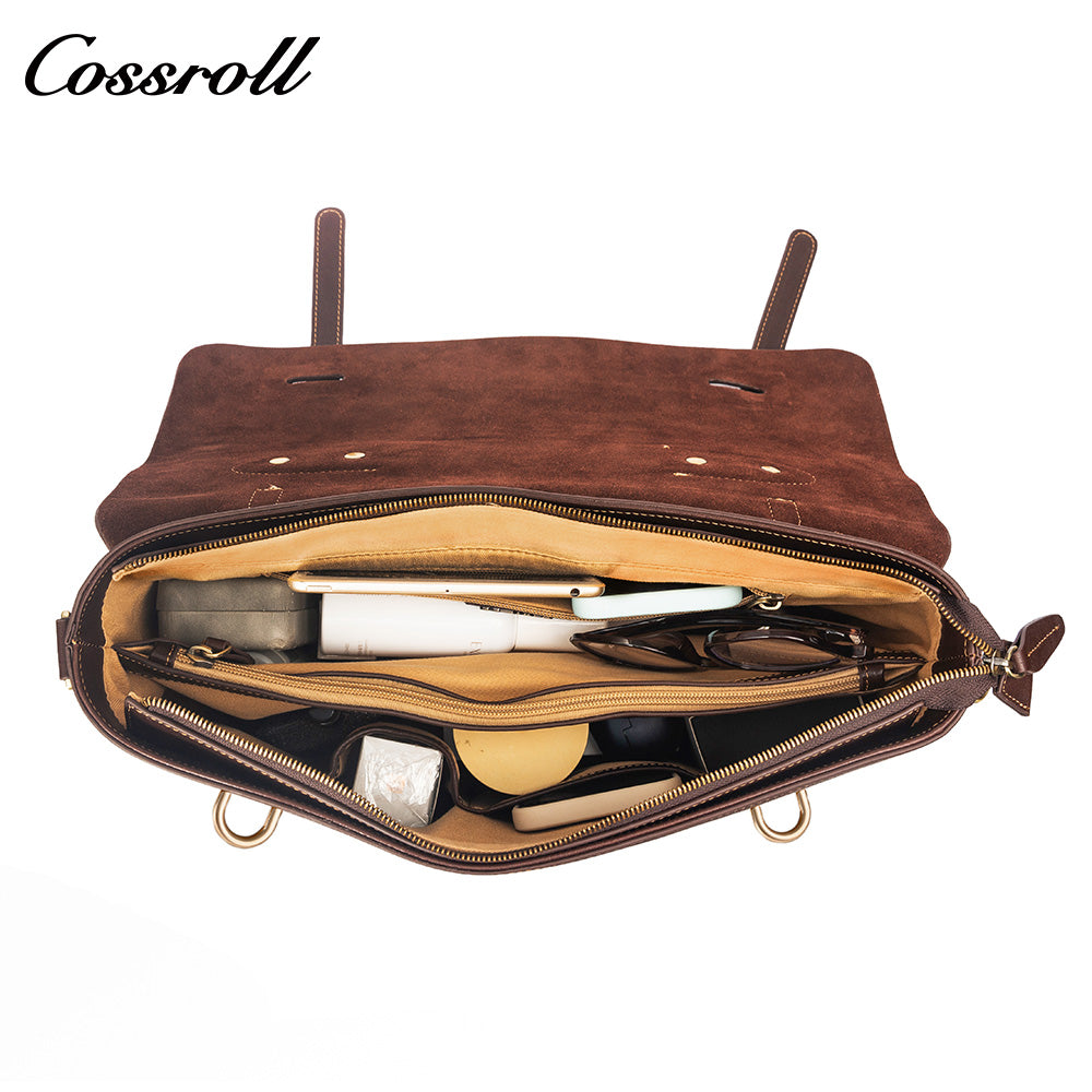 Men's Cowhide Leather Messenger Briefcase, Flap Laptop Handbag, Large Capacity Genuine Leather Shoulder & Crossbody Bag for Business & Daily Commute