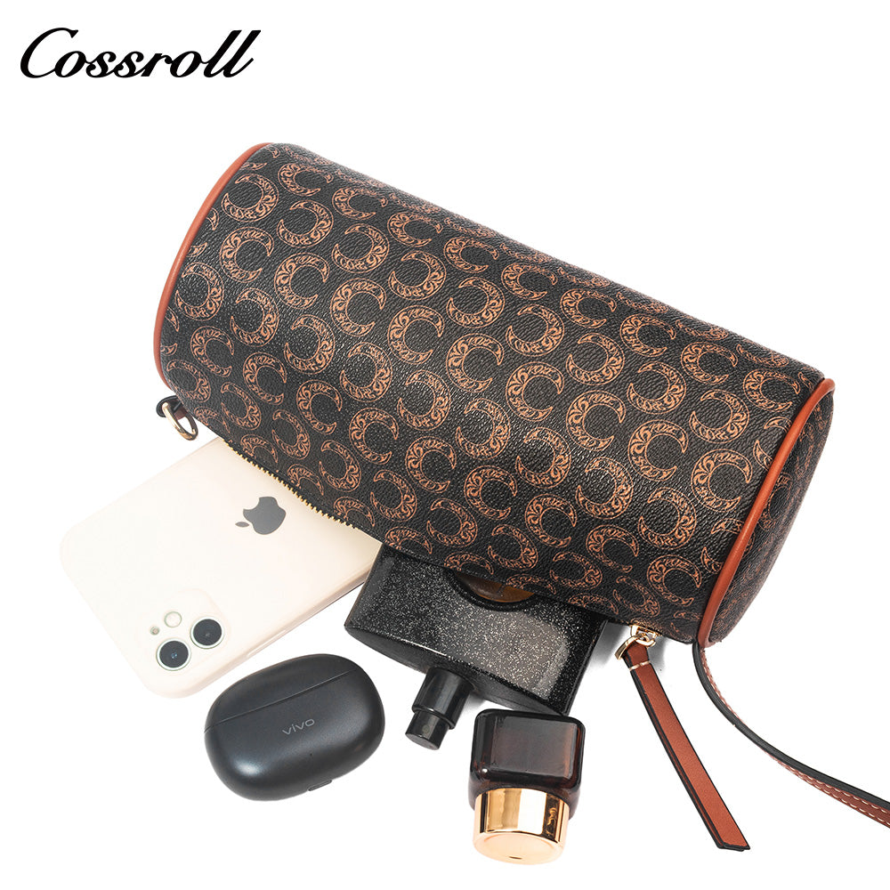 Women Vintage C Monogram Cylinder Bag, Genuine Leather Dual-use Shoulder & Crossbody Barrel Purse
