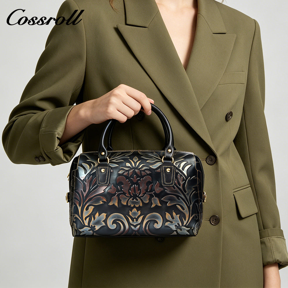 Vintage Embossed Leather Boston Bag for Women, Handbag & Crossbody Purse, High-End Large Capacity Commuter Bag
