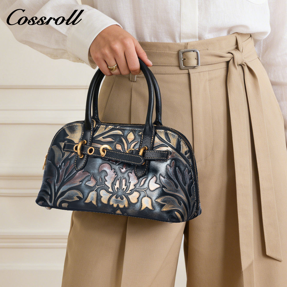 Vintage Embossed Leather Shell Bag for Women, Hand-Carved Handbag & Crossbody Purse