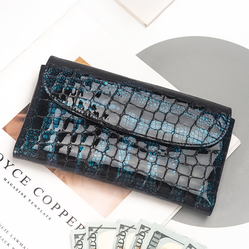 Printed leather long women's wallet with blue crocodile print