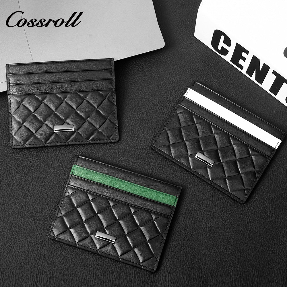 Slim Genuine Leather Card Holder with Diamond Quilted Embossing, Multi-Slot ID & Business Card Case