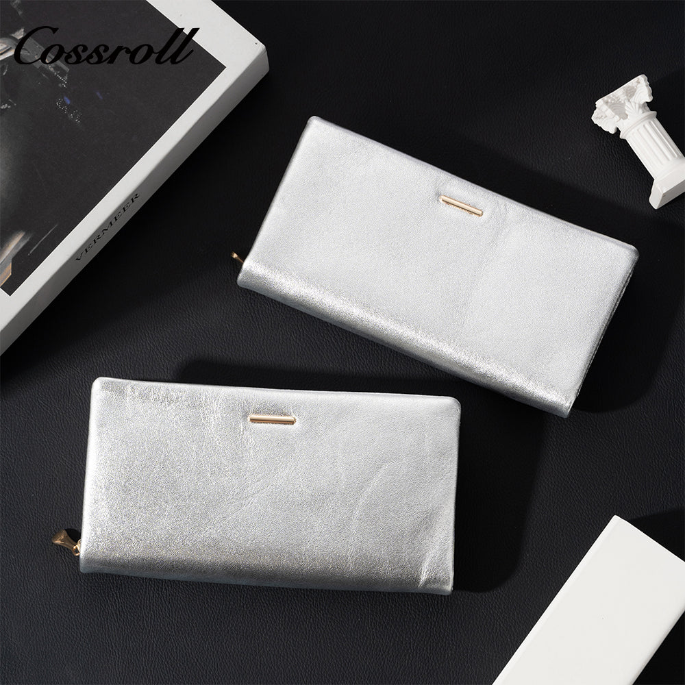 Women's genuine leather wallet, glossy leather, large-capacity double-layer stylish zippered bill wallet