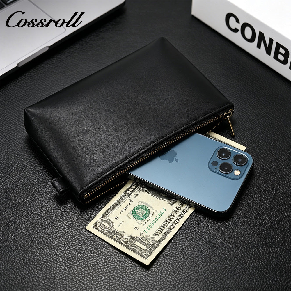 Genuine Leather Zipper Clutch, Minimalist Cowhide Pouch for Phone, Coins & Small Items