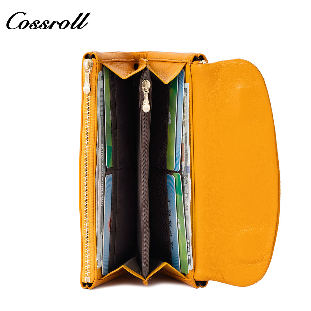 Women's long wallet with multiple card slots, zipper, double-layer bill compartment, and coin purse in suede finish