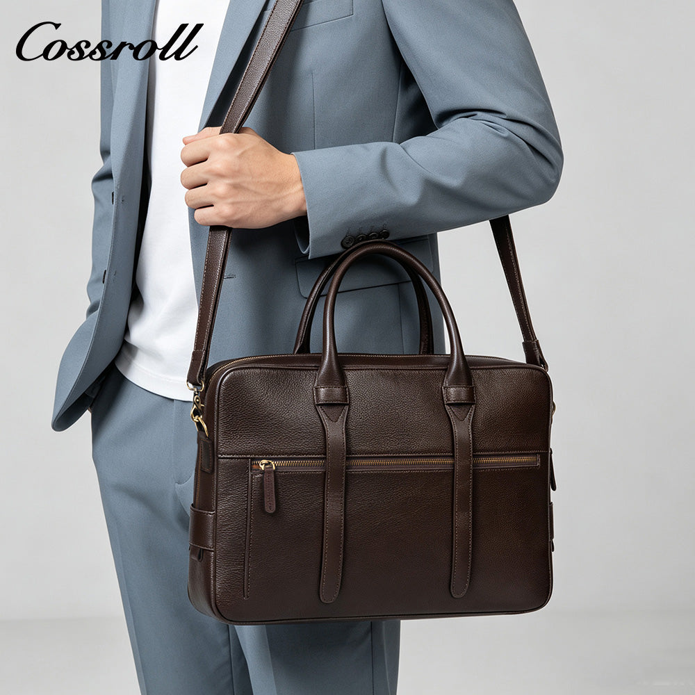 Men's Genuine Leather Business Briefcase, Pebbled Cowhide Large Capacity Handheld Laptop Bag, Shoulder Bag for Office, Business Trip & Daily Commute