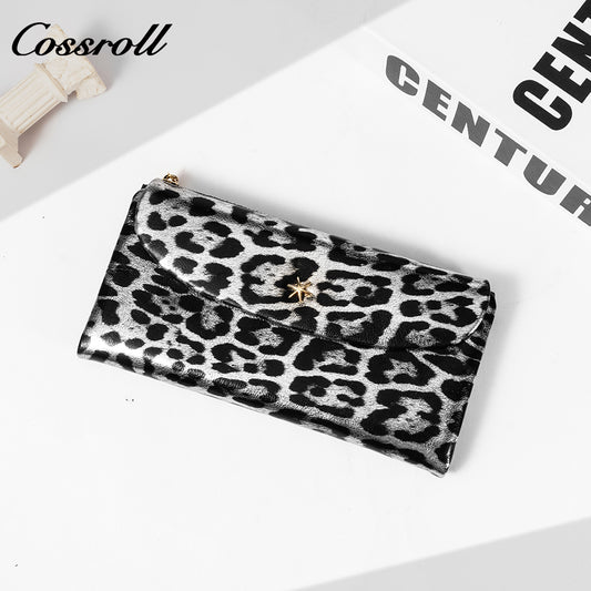 Pure cowhide long hand purse to put mobile phone Omnimatch 2024 new fashion leopard leather multi-card bill clip