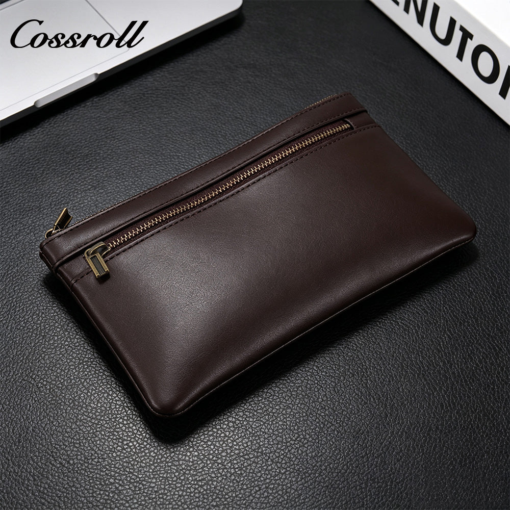 Vintage Genuine Leather Double Zipper Clutch Bag, Large Capacity Long Pouch for Coins & Documents