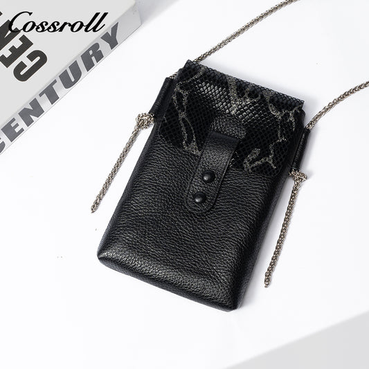 Cowhide snake-print splicing crossbody bag small mobile phone bag female all-match 2024 new leather vertical bag cover leisure purse