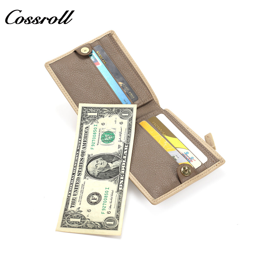 Women's Color Block Litchi Grain Cowhide Bifold Wallet, Minimalist Contrast Genuine Leather Card Holder, Small Bifold Purse with Zipper Coin Pocket