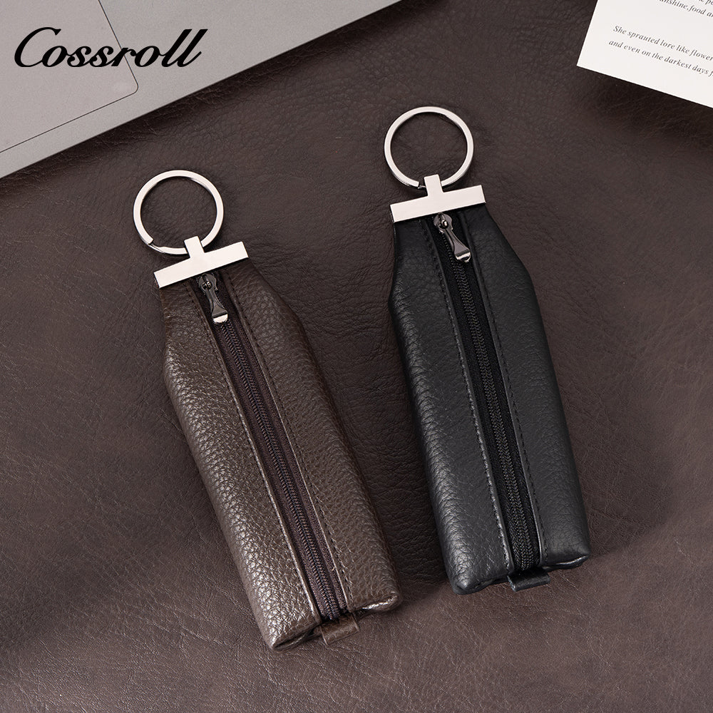 Practical men's cowhide leather key pouch with zipper universal coin purse