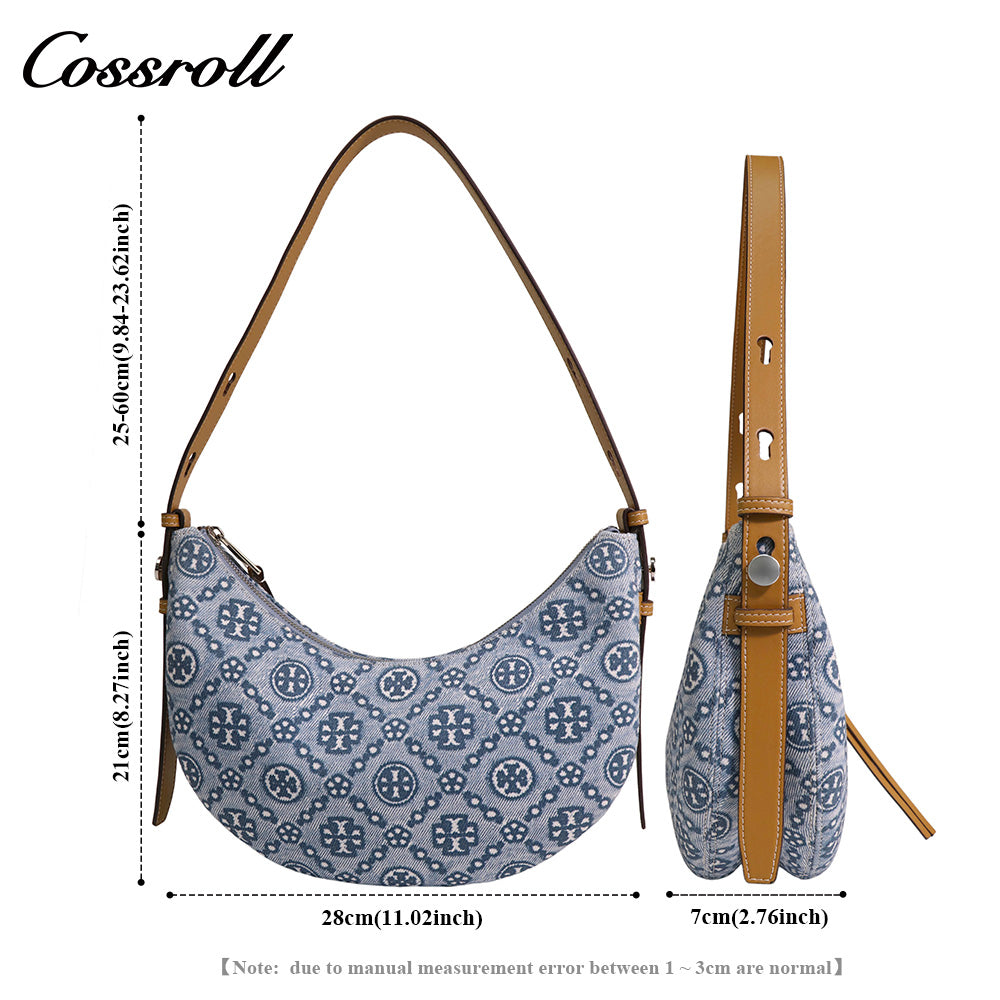 Women's Vintage All-Over Jacquard Crescent Underarm Bag, Denim Print Shoulder Bag with Adjustable Strap, Monogram Casual Mini Handbag for Daily Commute