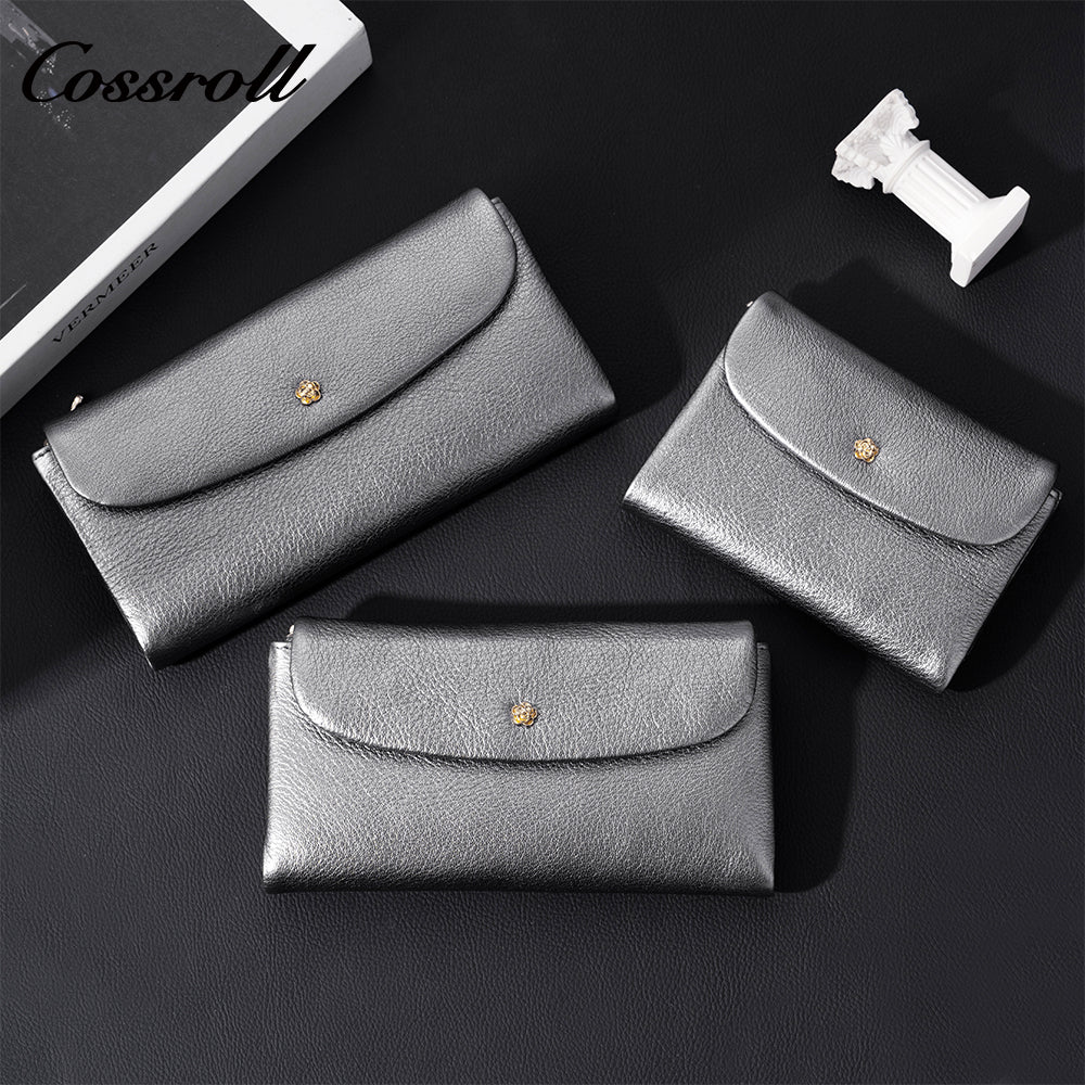 Cossroll women's cross-border genuine leather wallet, with gold floral decoration, retro glossy large capacity