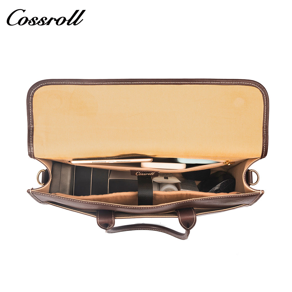 Men's Full Grain Leather Briefcase, Large Capacity Flap Laptop Handbag, Genuine Leather Business Commute Office Bag