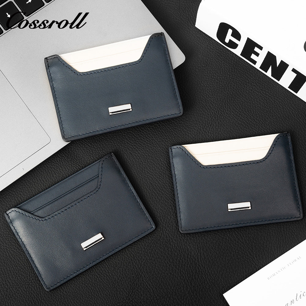 Solid Navy Genuine Leather Card Holder, Slim Multi-Slot Cowhide Card Case, Portable Mini ID Card Organizer
