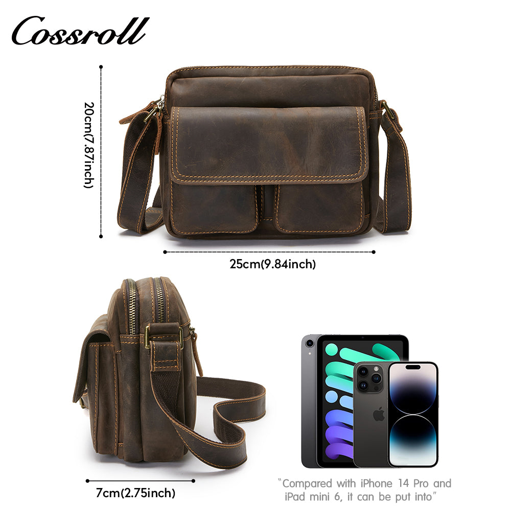 Europe and the United States fashion retro oblique backpack cowhide handbag wild horse leather men's single shoulder layer cowhide crossbody bag side backpack