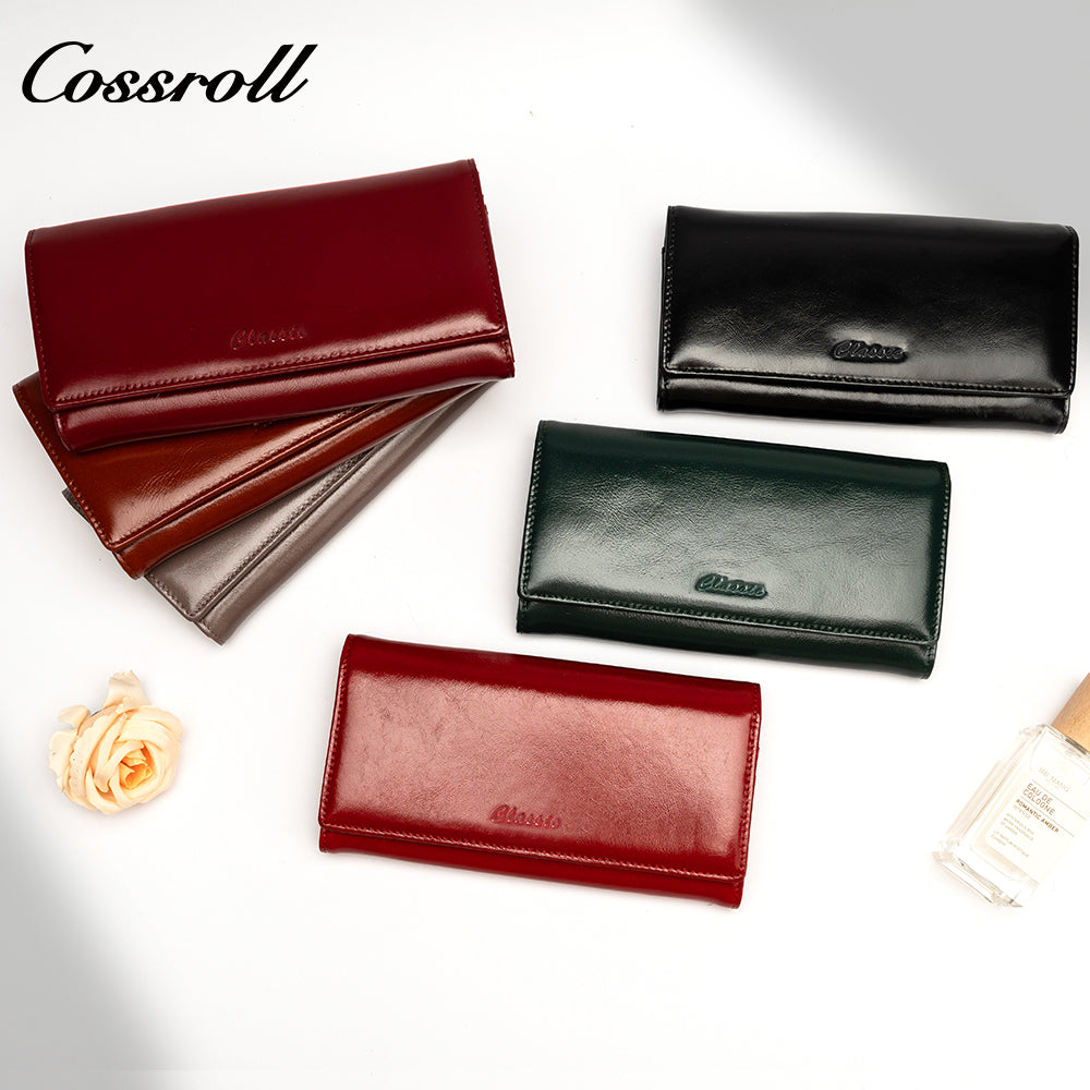 New leather women's long purse zipper wallet Large capacity waxed cowhide coin purse card bag factory custom