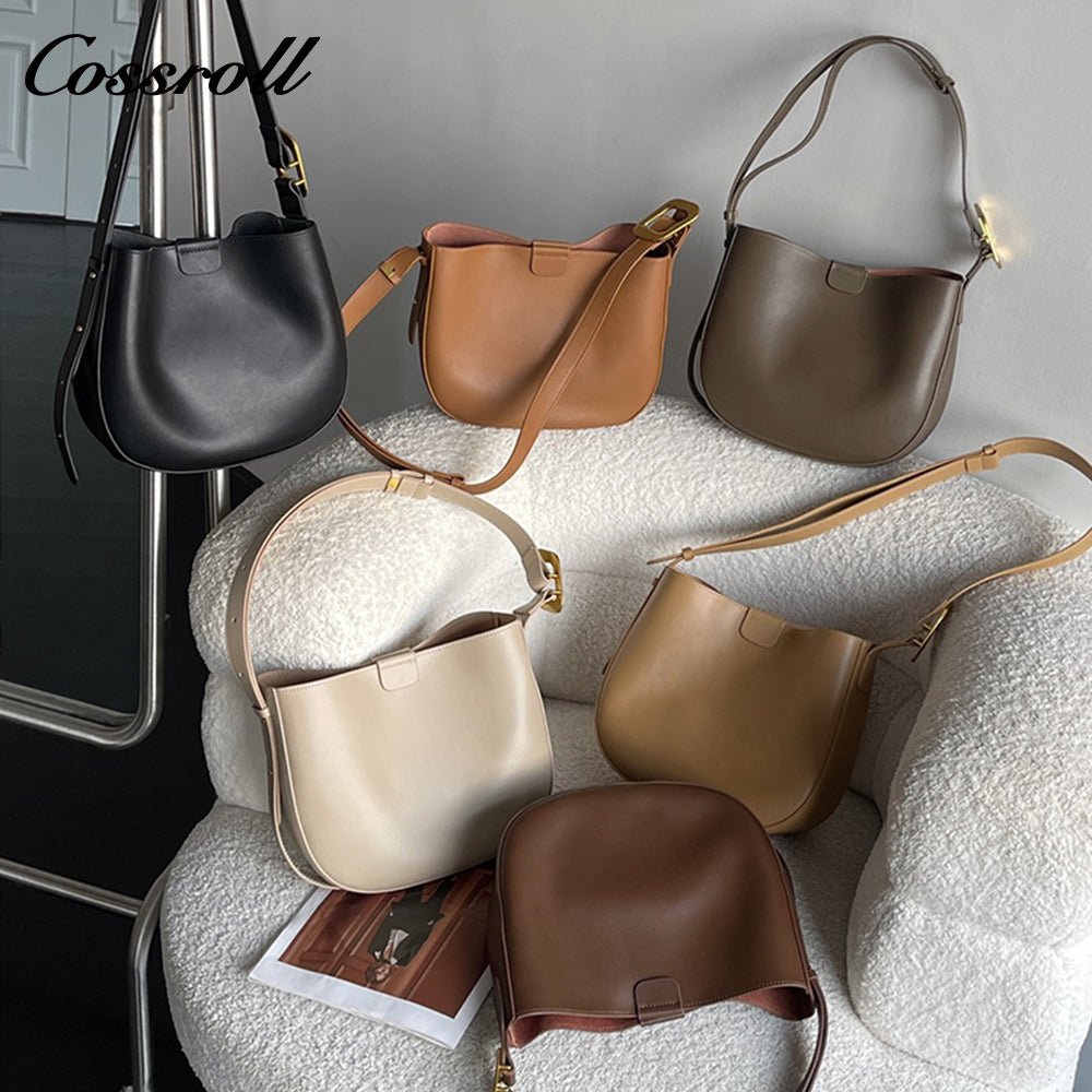 2024 new Korean semi-round saddle bag small fashion leather single shoulder crossbody cowhide female bag simple casual bag