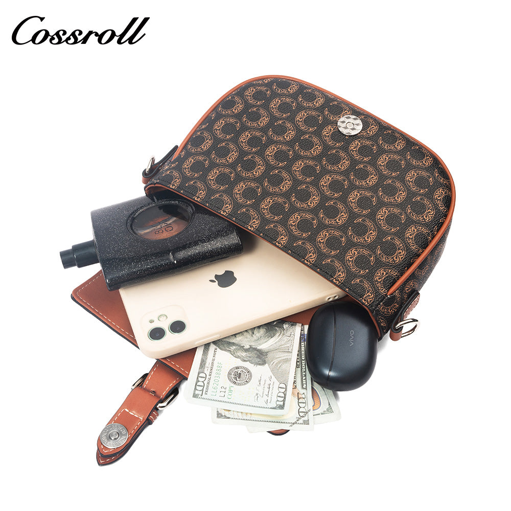 Vintage C Monogram Saddle Bag for Women, Contrast Brown Leather Buckle Flap Crossbody Shoulder Purse