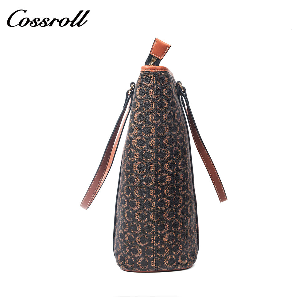 Women Vintage C Monogram Vertical Tote Bag, Large Capacity Zipper Shoulder Handbag for Laptop & Daily Commute