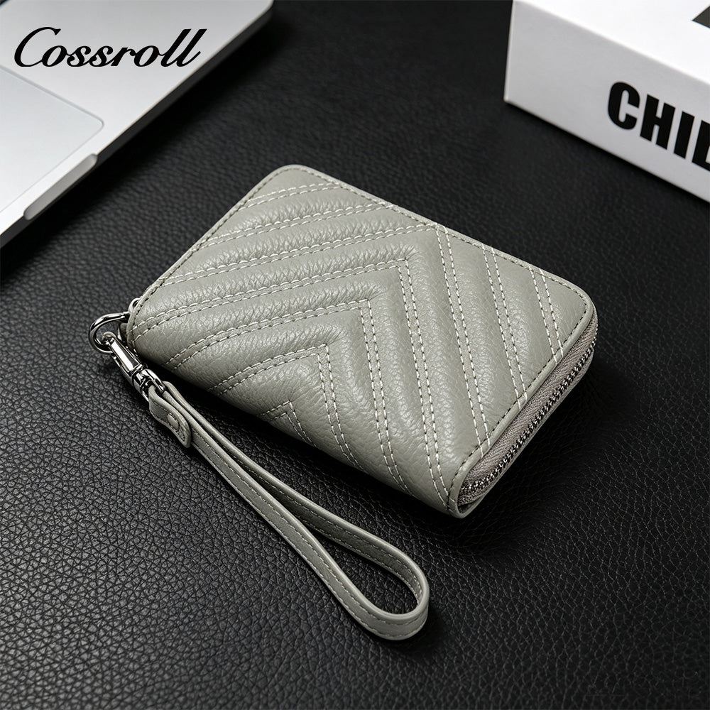 Chevron Quilted Genuine Leather Wristlet, Women's Litchi Grain Cowhide Coin Card Purse, Mini Zipper Hand Pouch