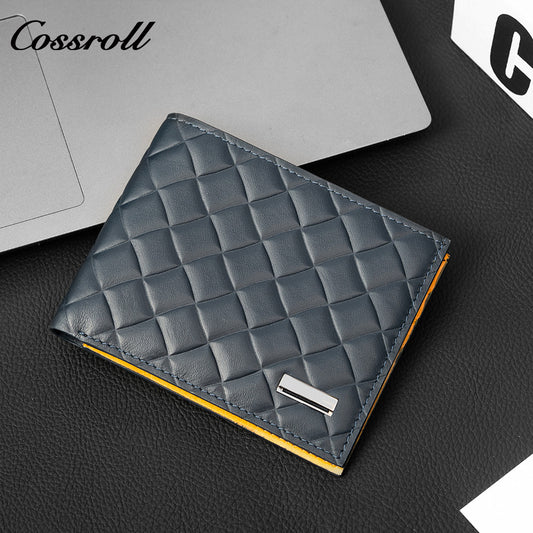 Diamond Quilted Embossed Genuine Leather Men's Wallet, Slim Business Bifold Purse with Contrast Bright Yellow Lining