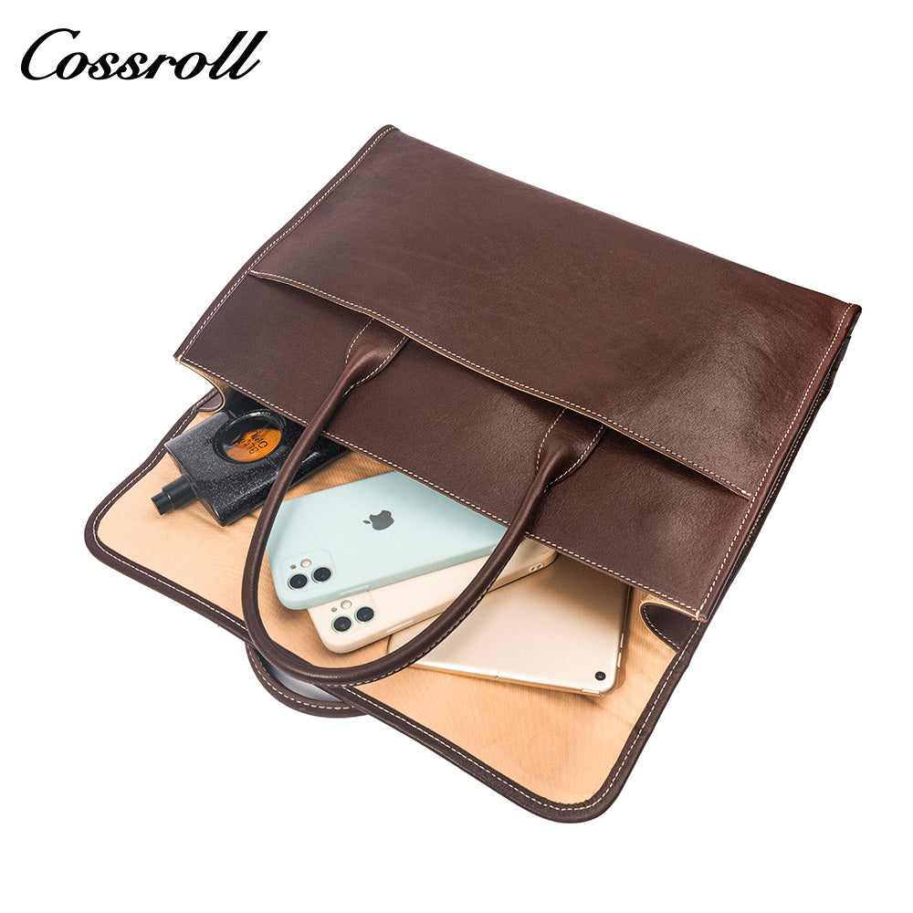Men's Full Grain Leather Briefcase, Large Capacity Flap Laptop Handbag, Genuine Leather Business Commute Office Bag