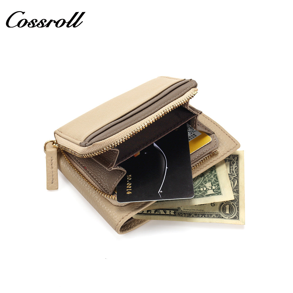 Women's Color Block Litchi Grain Cowhide Bifold Wallet, Minimalist Contrast Genuine Leather Card Holder, Small Bifold Purse with Zipper Coin Pocket