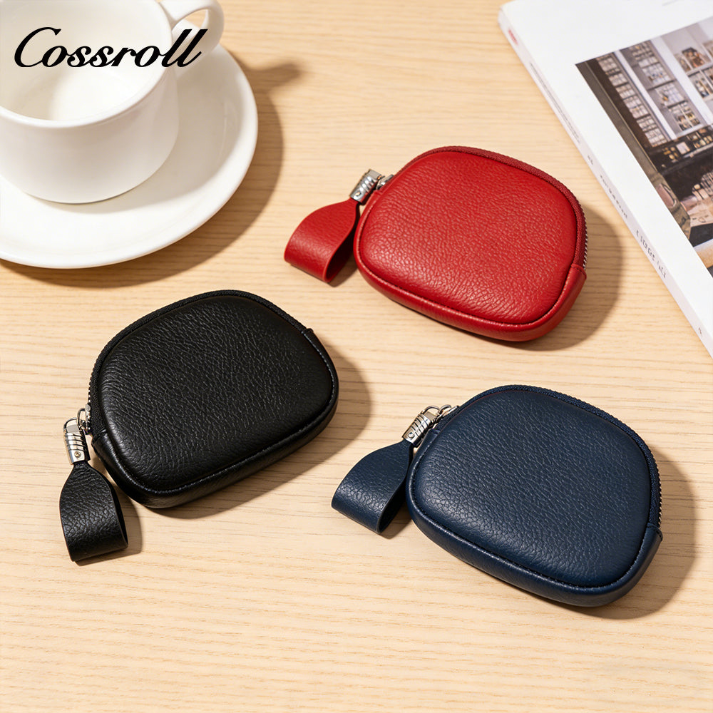Genuine Leather Wallet for Women, Mini Zip Key Holder, Pebbled Grain Shell-Shaped Bag