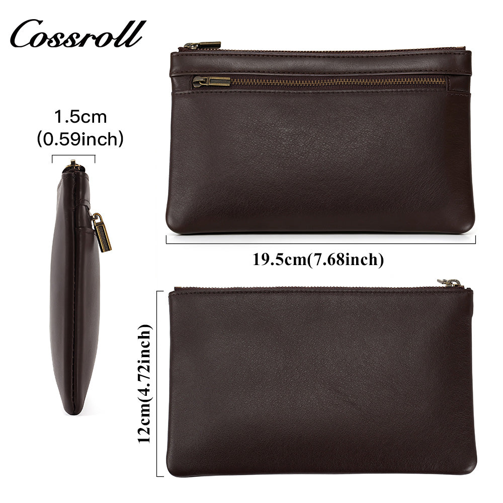 Vintage Genuine Leather Double Zipper Clutch Bag, Large Capacity Long Pouch for Coins & Documents