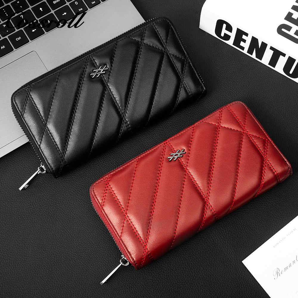 Women's Diagonal Quilted Long Zip Around Wallet, Genuine Leather Large Capacity Multi Card Slots Hand Purse, All-in-One Bag for ID Cards & Coins