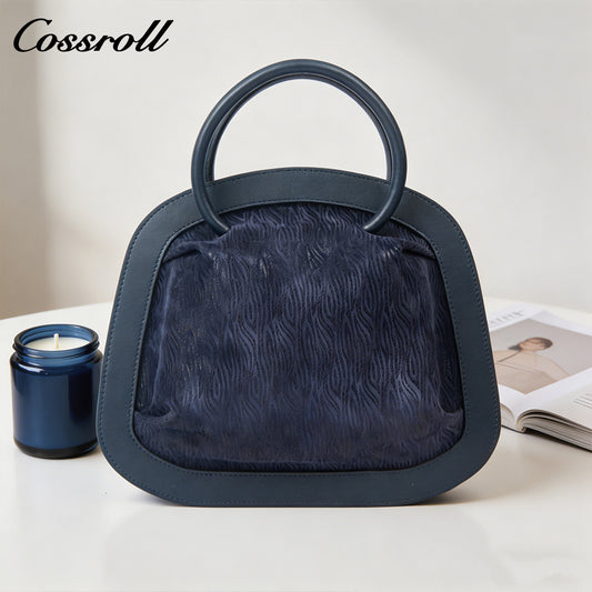 Velvet Patchwork Handbag for Women, Minimalist Retro Style Top Handle Bag, Versatile Commuter Shoulder Bag